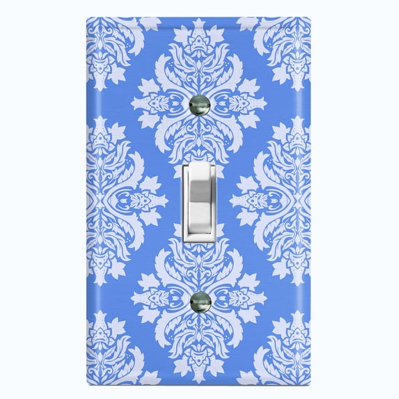 Metal Light Switch Plate Outlet Cover (Victorian Damask Flower Blue Pastel Pattern - Single Toggle)