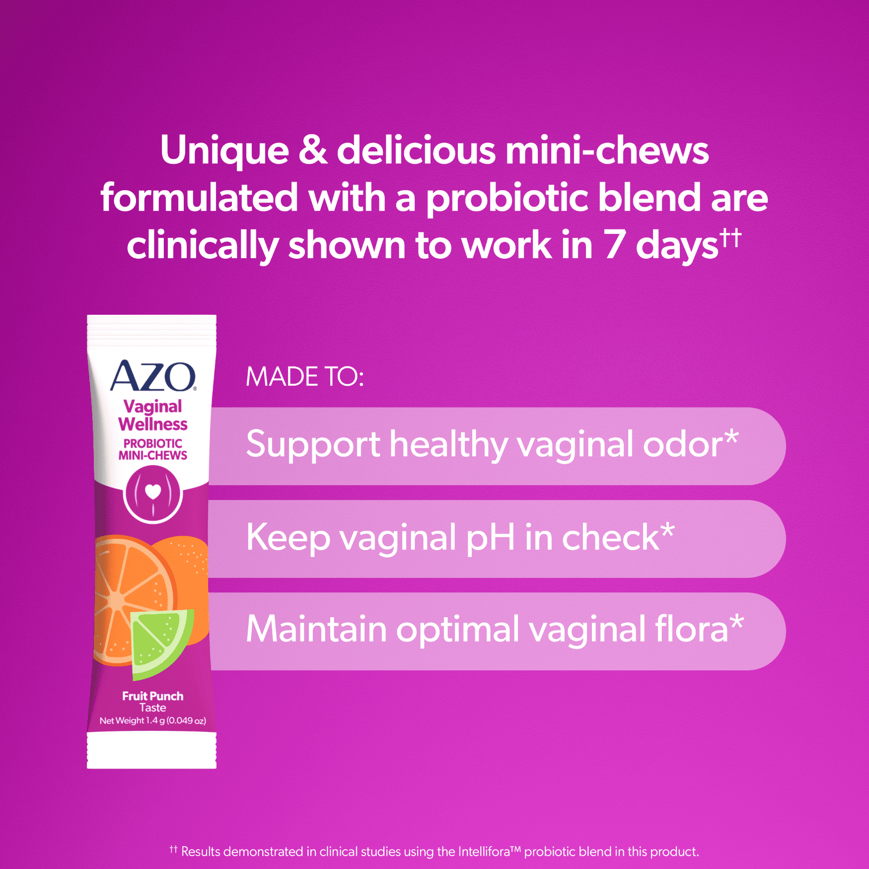 AZO Vaginal Health Probiotic Mini-Chews Daily Supplement, Supports Vaginal Health & Flora, Fruit Punch Flavor, 14 Packets