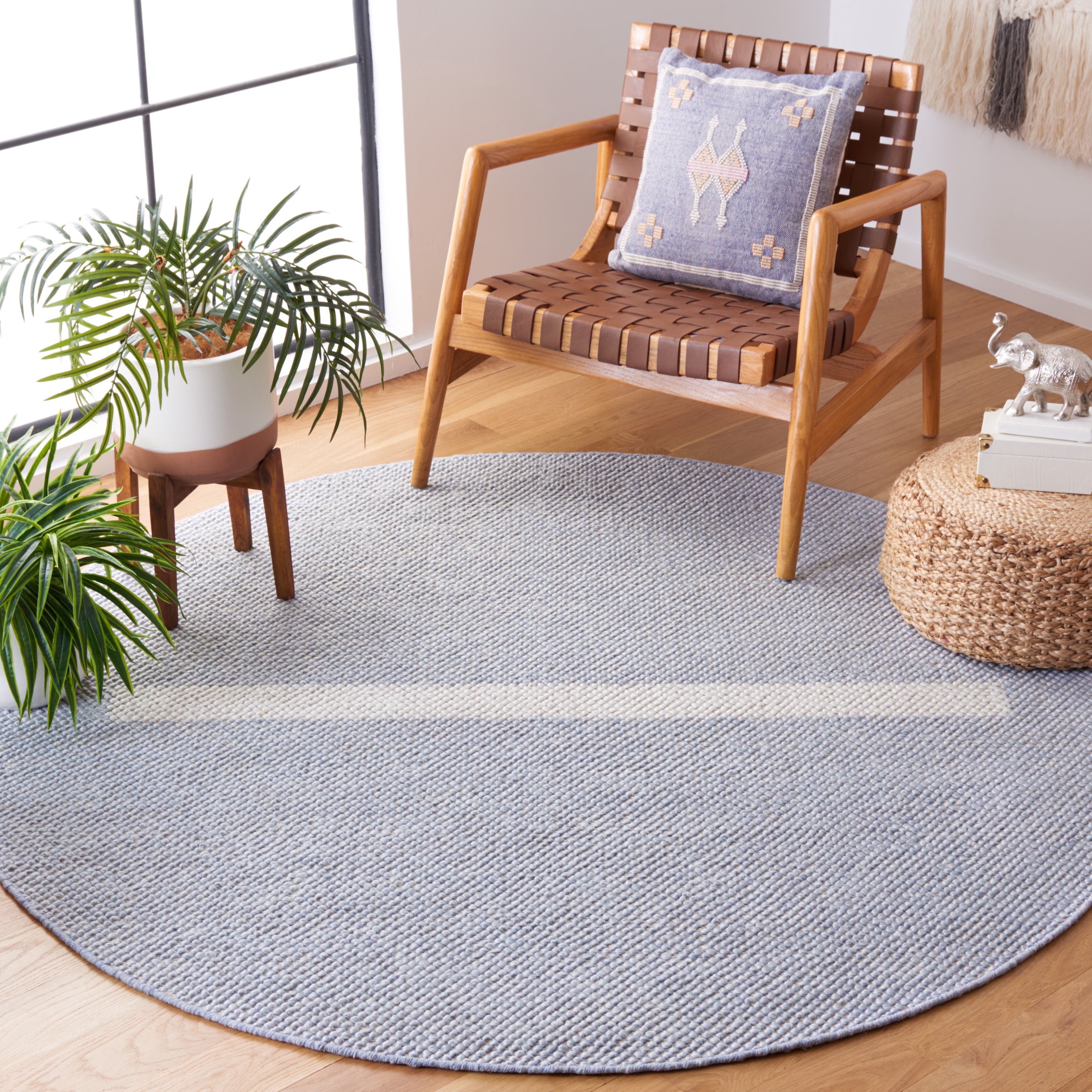 SAFAVIEH Natura Marina Striped Wool Area Rug, Light Blue/Ivory, 6' x 6' Round