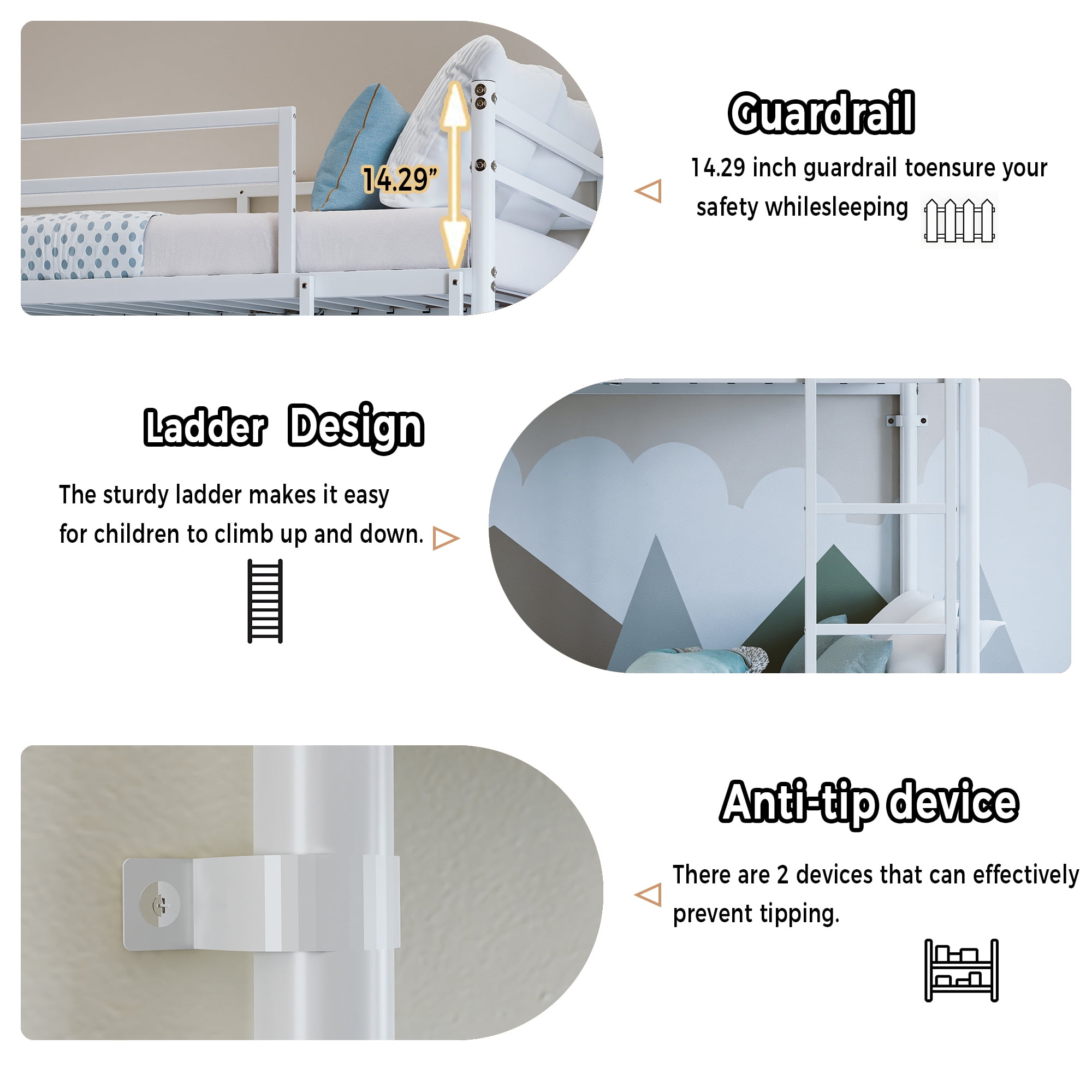 Twin Over Twin Metal Bunk Bed with High Guardrail & Ladder, Noise Free with Storage Space