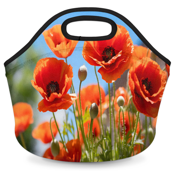 Herdesigns Poppy Flowers Insulated Neoprene Lunch Bag for Women Men Lunch Box Washable Reusable Lunch Tote Lightweight Lunch Handbag for Work Outdoor Picnic