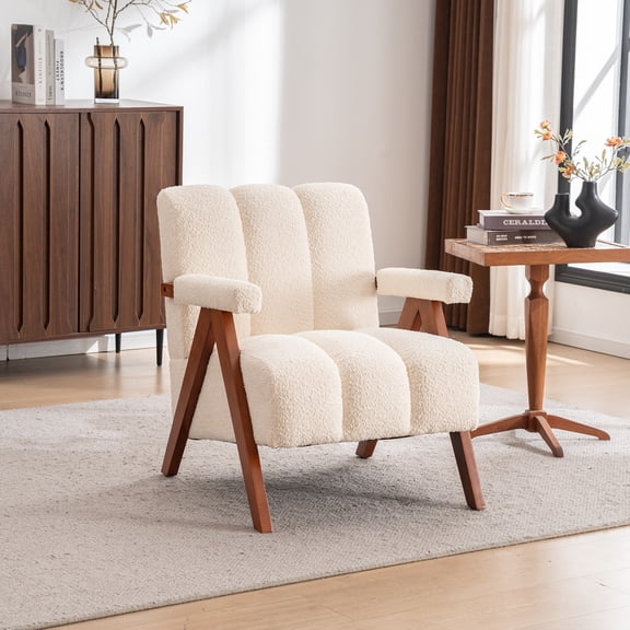 LEHZROAJ Modern Chenille Upholstered Accent Chair,Armchair Thick Backrest Solid Wood Frame for Living Room,Bedroom(Beige)