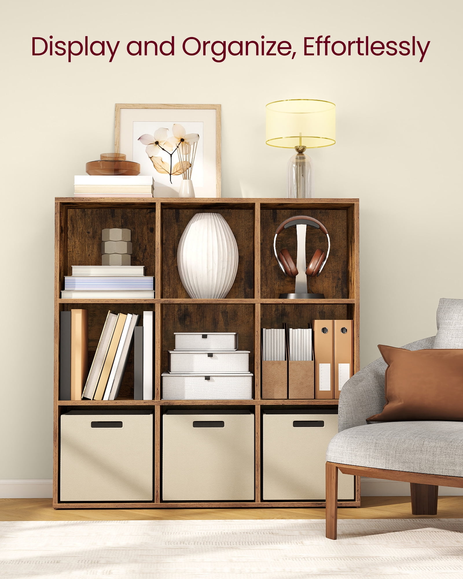 9-Cube Storage Shelf, 38.6 Inch Organizer Bookcase with 9 Compartments & Anti-Tip Kit, Square Storage Unit for Living Room Home Office, Rustic Brown