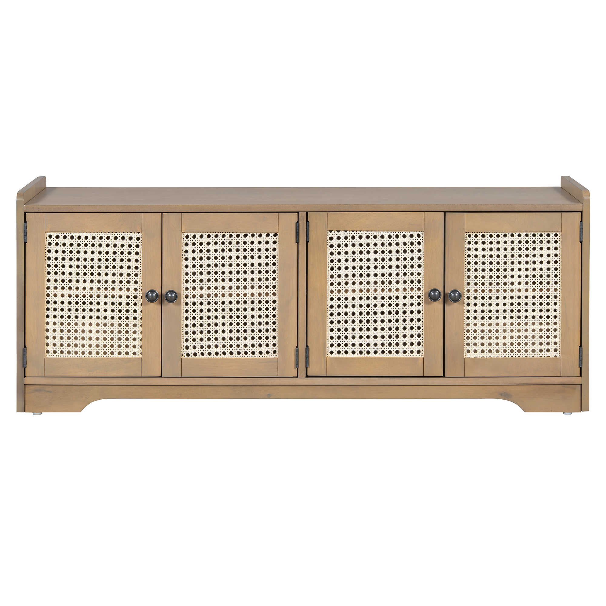 Euroco Rustic Storage Bench Multifunctional Wood Entryway Shoe Bench with Removable Cushion, Woven Rattan Doors & Adjustable Shelves for Hallway, Living Room (Brown+Beige )