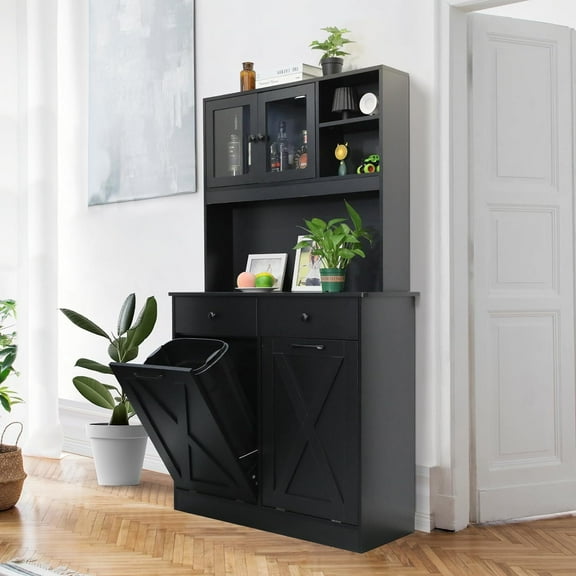 Arlopu Kitchen Pantry Storage Cabinet, Wooden Double Tilt Out Trash Cabinet Freestanding Garbage Bin Holder Recycling Cabinet with Drawers, Shelves