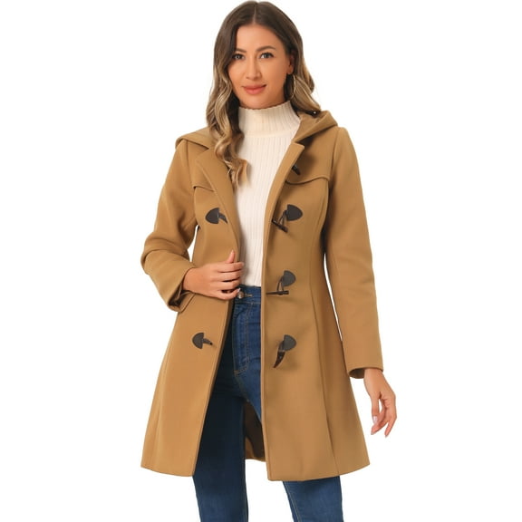 DARING DIVA Women's Hooded Toggle Button Up Duffle Coat Winter Outwear Camel XS