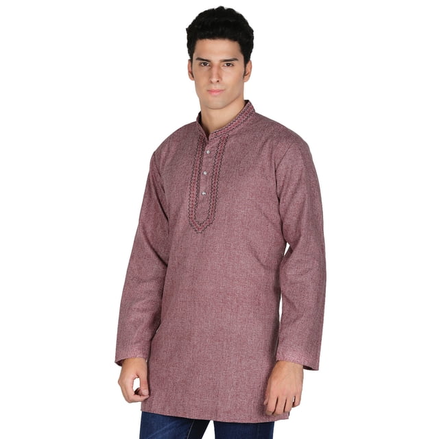 Chemise Kurta Courte en Coton pour Hommes Robe Mode Indienne (Bordeaux, L)