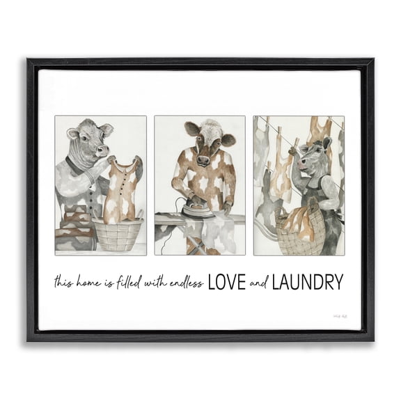 Stupell Industries Cottage Love & Laundry Cows Black Floating Frame Canvas Art, 21 x 17, by Cindy Jacobs