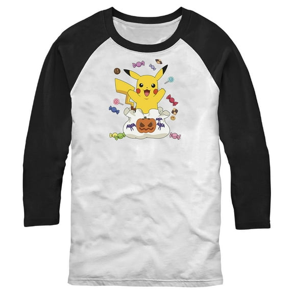 Men's Pokemon Halloween Pikachu Candy Bag Baseball Graphic Tee White/Black X Large