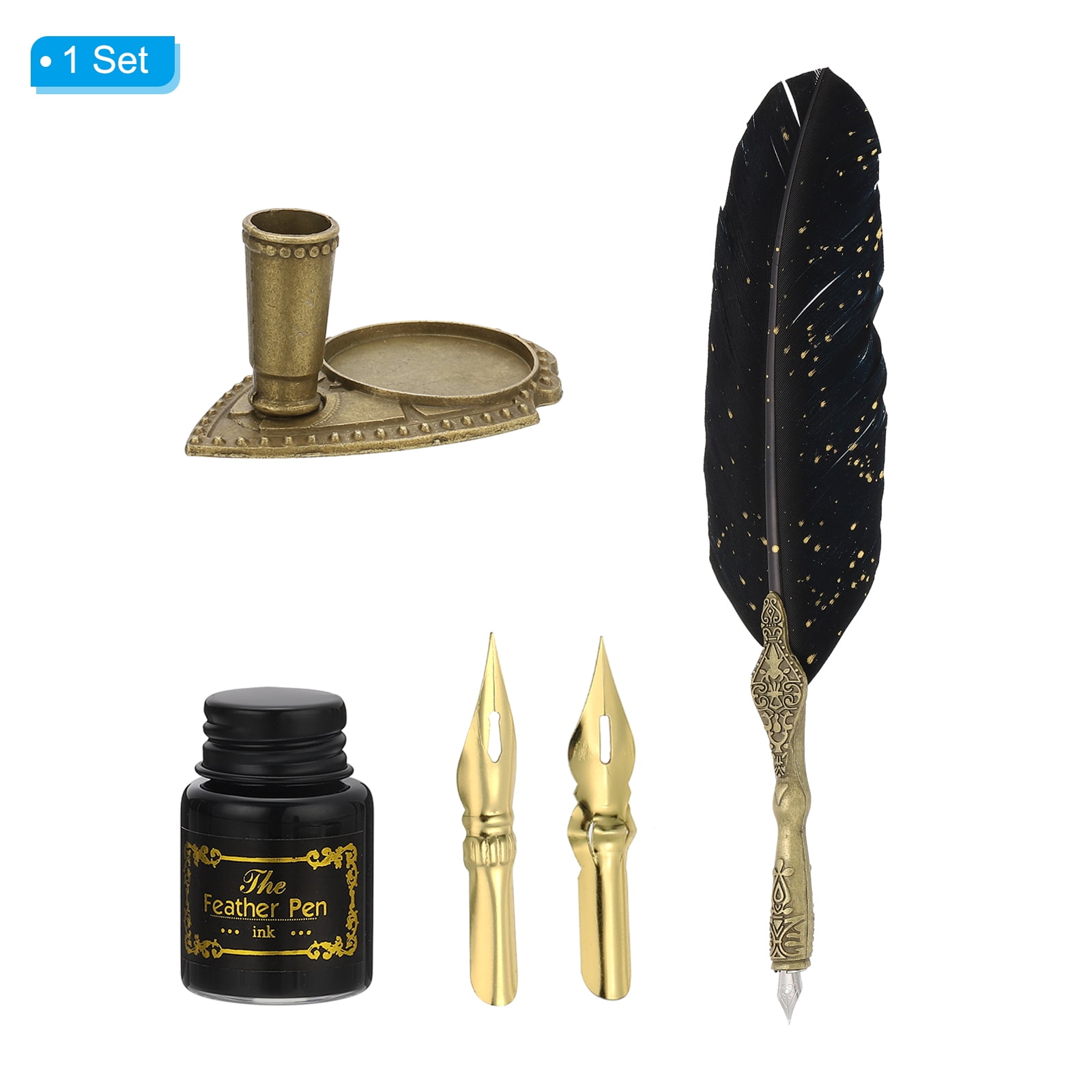 Uxcell 25cm/10" Feather Pen Set with Ink Set 2 Replacement Nibs Stand Base, Black