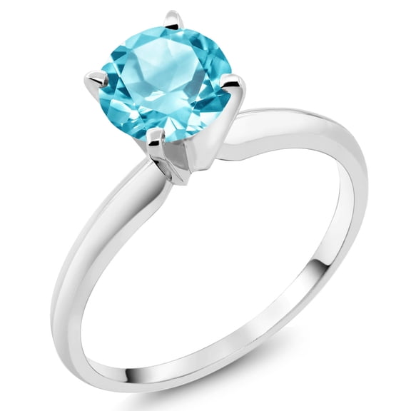 Gem Stone King 1.20 Ct Round Swiss Blue Topaz 18K White Gold Ring (Size 7)