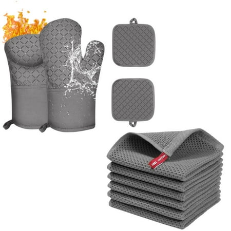 

Oven Mitts and Pot Holders Sets 10 Pcs Kitchen Oven Glove and Waffle Weave Kitchen Dish Cloths for Kitchen Non-Slip Silicone Oven Mitts are Suitable for Cooking Baking (Grey)