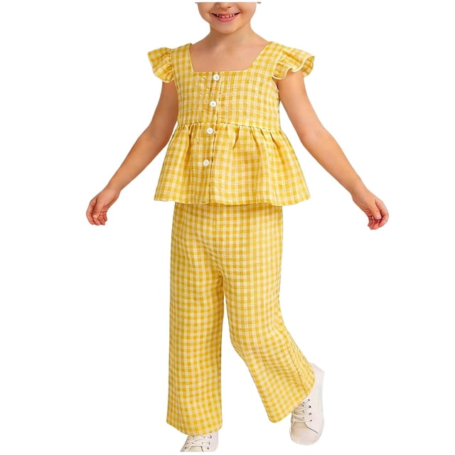 Pounoo Womens Matching Sets Gingham Print Ruffle Sleeve Peplum Top Wide Leg Pants Cute Daily Style (For Small Wearers) Gift
