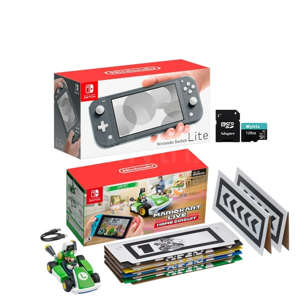 Nintendo Switch Console et Kart Vacances Combo: Nintendo Switch Lite Gris 32GB Console, Mario Kart Vivre: Circuit à Domicile - Luigi Set, Carte MicroSD Mytrix 128GB avec Adaptateur