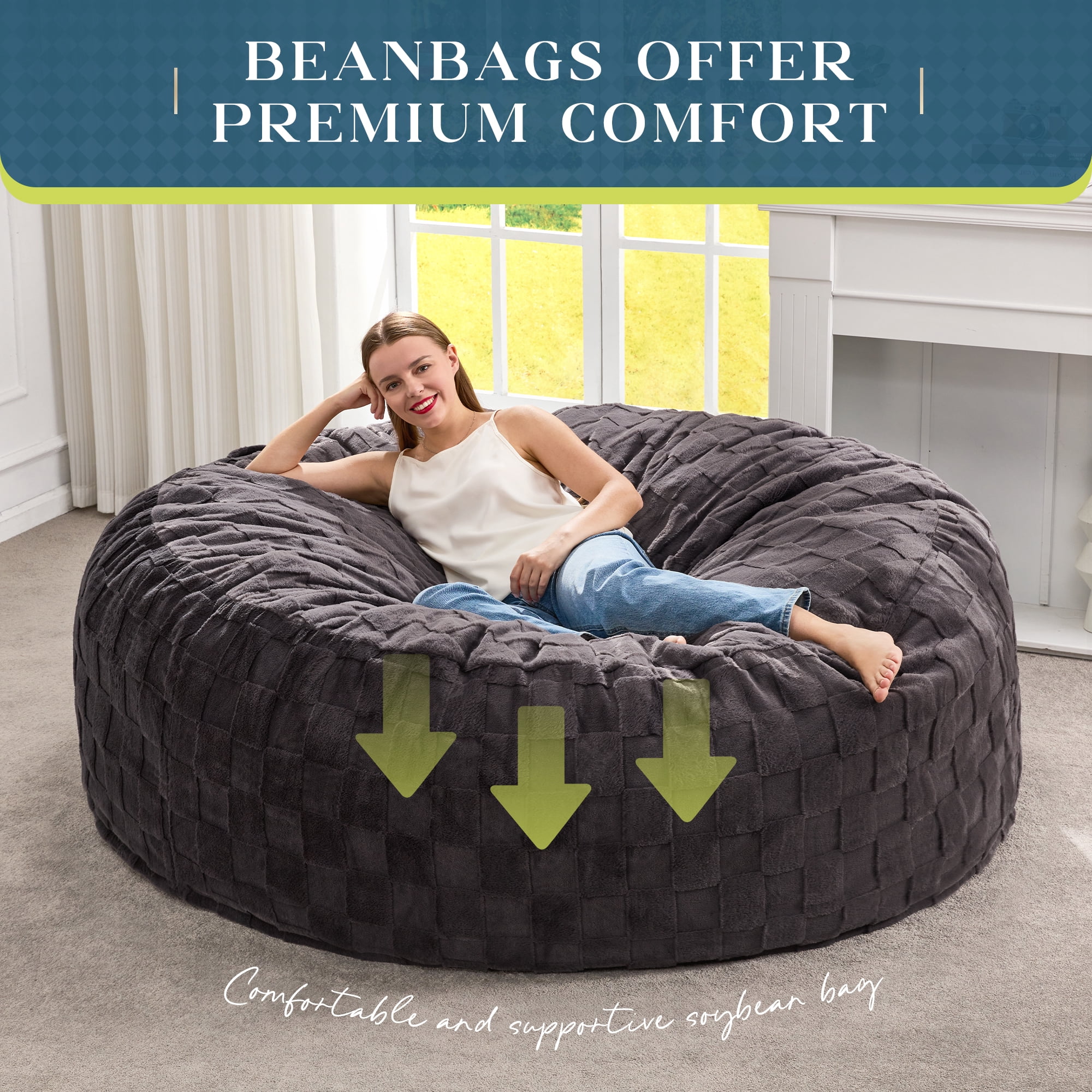 Hobestluk Bean Bag Chairs Beanbag Chair with Filler Adult Bean Bags with Fluffy Cover, Giant Bean Bag Chairs for Adults for Living Room, Bedroom (Dark Grey, 6FT - 70" x 70" x 17")