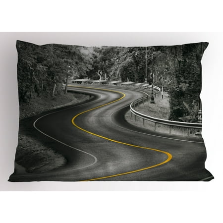 Black And White Pillow Sham Curvy Asphalt Road With Yellow Line In