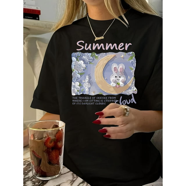 T-Shirt à Imprimé Géométrique Inspiré du Vintage pour Femmes - Col Rond Décontracté, Manches Courtes, Mélange de Polyester, Lavable en Machine - Parfait pour l'Été, Style Rétro, Xia