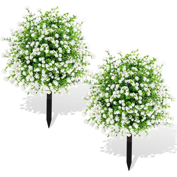 2 Pack Artificial Boxwood Topiary Ball Trees with Ground Spikes 24" UV Resistant Faux Greenery Shrubs Fake Shrubs for Outdoors, Realistic Faux Plants Bushes for Garden Porch Yard Patio Decor