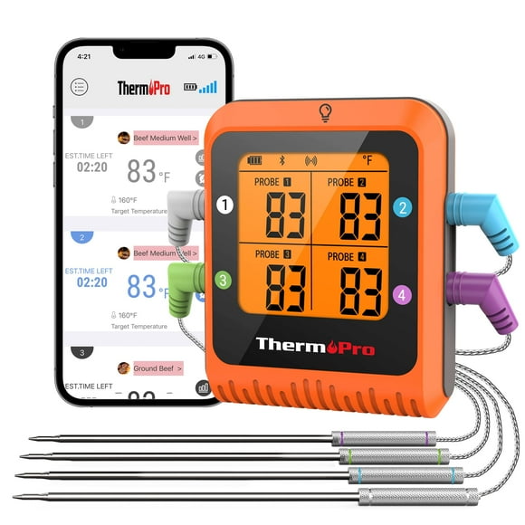 ThermoPro 650 ft Bluetooth Meat Thermometer with 4 Color-Coded Probes, Wireless Meat Thermometer Digital Wireless with Timer, Commercial Cooking Tools & Utensils Rec