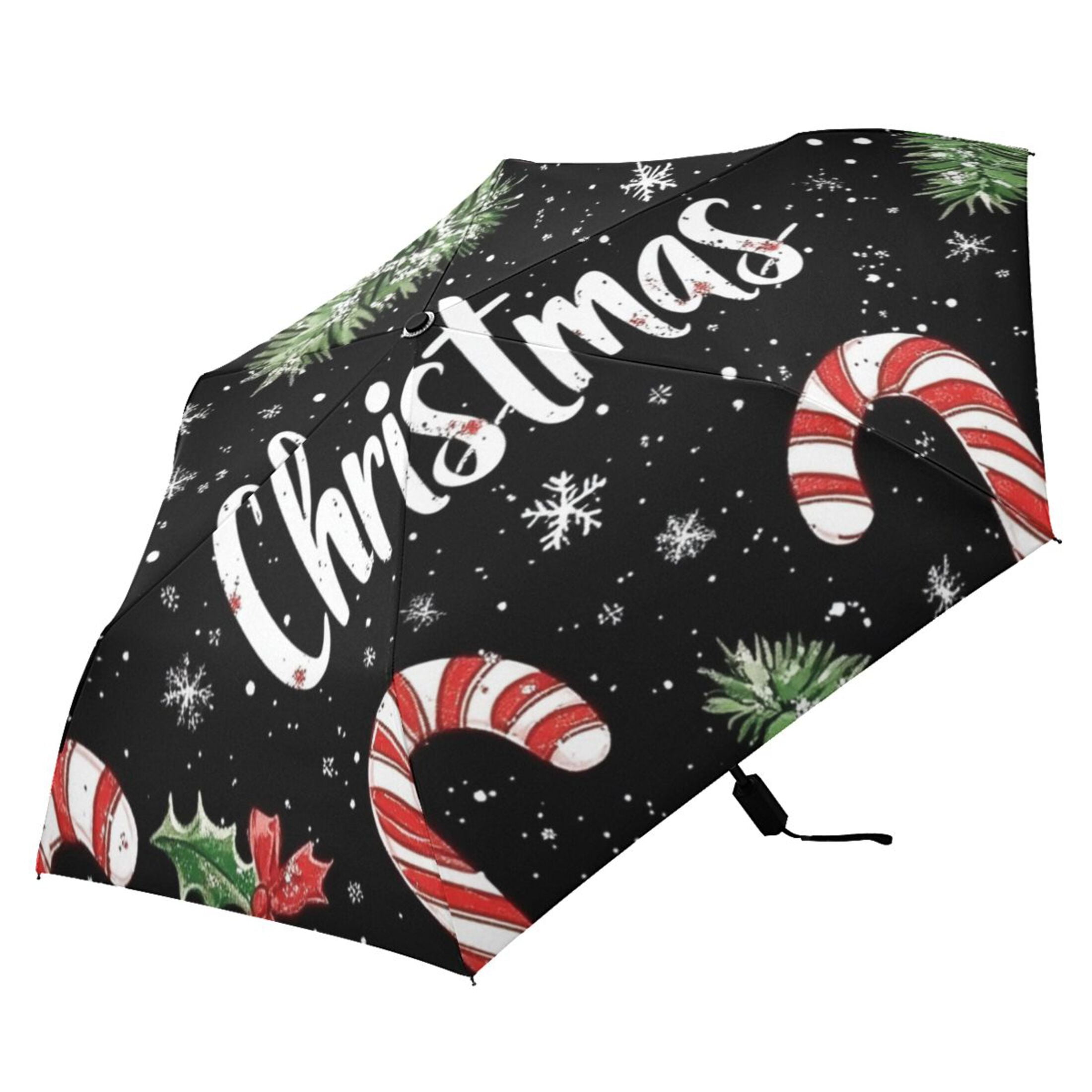 Pine Leaves Candy Canes Christmas Snowflakes All Weather Umbrella Triple Folding Parasol 6 Ribs UV Protection Portable