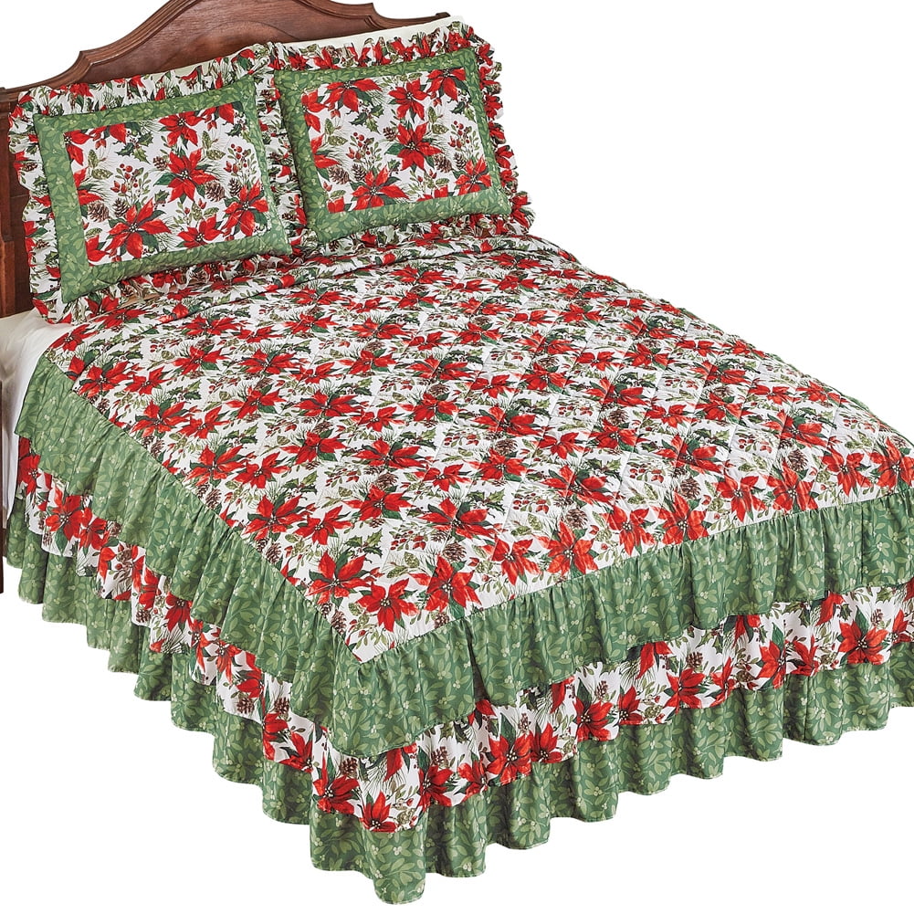 Collections Etc Poinsettia Ruffled Bedspread FLORAL FULL ...