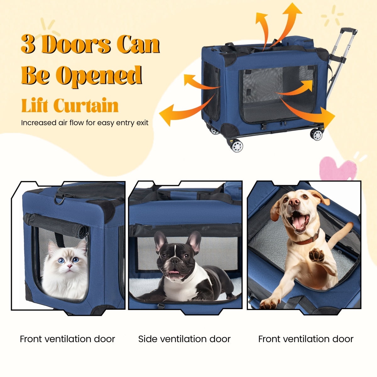 28" Collapsible Travel Dog Crate with Wheels, 3-Door Rolling Pet Carrier for Medium Large Dogs, Foldable Kennel with Mesh Windows (Dark Blue)