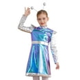 thumbnail image 2 of LiiYii Girls Alien Outfit Kids Party Fancy Dress Ups Outfits Glossy Dress with Arm Sleeve Hair Hoop Set Blue 16, 2 of 7