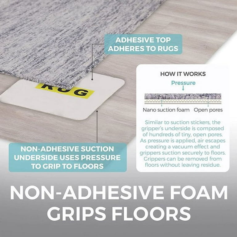 Non-Adhesive Suction Gripper for Rug, Hardwood Floors, 4 Pack Slip Resistant Washable Removable Pad Grippers, Reusable Pads Keep Carpet Corners and