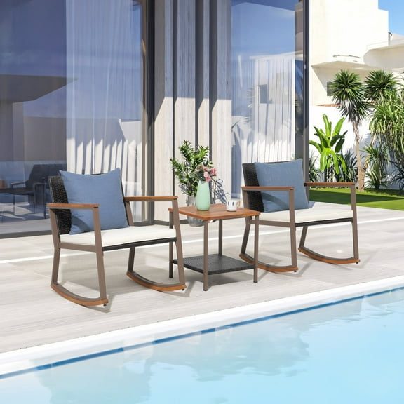3 Pieces Wicker Rocking Bistro, Weather Rattan Patio Outdoor Furniture Conversation Chair Sets with Coffee Table and Cushions for Porch, Poolside, Balcony, Garden, Backyard