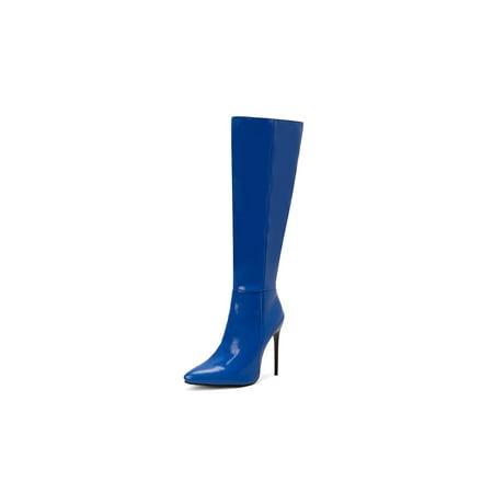

Lacyhop Womens Party Comfortable High Heels Patent Leather Stiletto Heel Tall Boots Non Slip Long Dress Shoes Blue 5