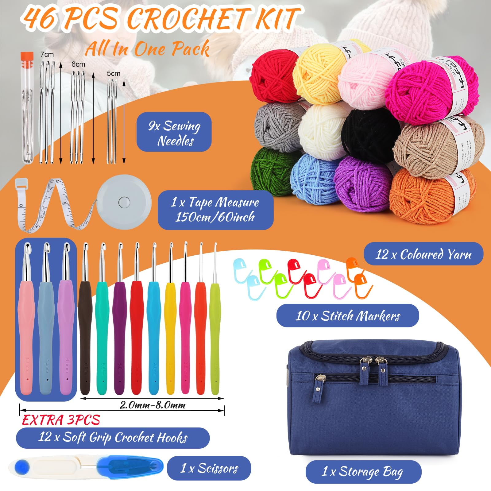 Wiher 46Pcs DIY Crochet Kit with Storage Bag Beginners Crochet Kit with Color Yarns, 12-size Crochet Needle, Stitch Marks, Big Eye Needles, Thread Scissors, DIY Crochet Craft Crochet Art Kit