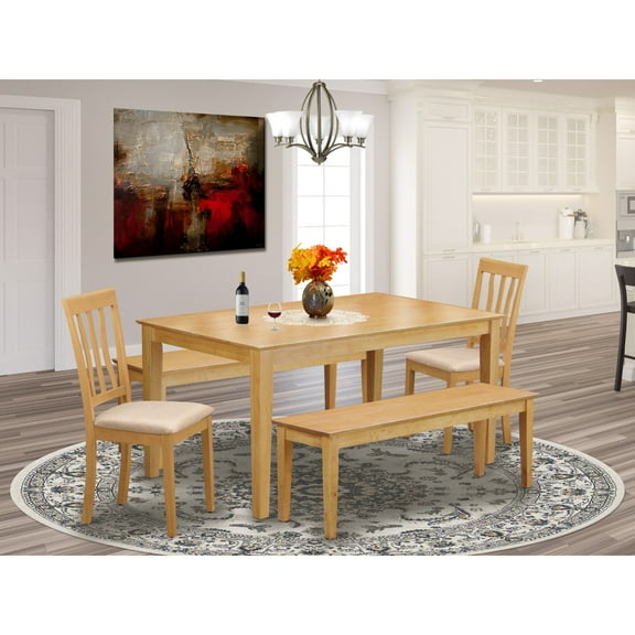 East West Furniture 5 Piece Dining Table Set- a Rectangle Kitchen Table and 2 Modern Chairs with 2 Benches, Oak (Seat Options) CAAN5C-OAK-C