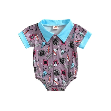 

Suanret Newborn Baby Boys Romper Cow Head Print Turn-Down Collar Short Sleeve Snap Closure Jumpsuit Summer Bodysuit Blue Letter 0-3 Months