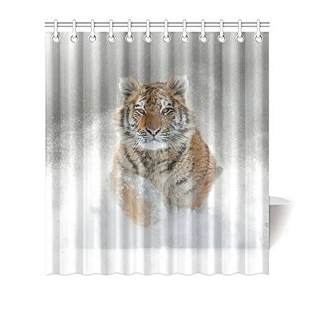 MYPOP Fantasy Amazing Running Tiger Ferocious Animals Winter Snow Art Print Shower Curtain, Unique and Generic Waterproof Polyester Fabric Decorative Bath Curtains Designs, 66W X 72L Inches