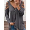 thumbnail image 3 of Tops de manga larga con hombros descubiertos para mujer, cuello en V, anillo con cremallera, camisa cruzada de punto gofrado, camisetas casuales, camisas grises de punto gofrado XX-Large, 3 of 5