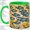 Green, variant on Blue Fish School Coffee Mug, Blue Fish Mug, Morning Tea Cup for Home, Many Scaled Swimmers with Yellow Flowers and Sunburst Rays, Retro Ocean Art, Coastal Kitchen Accent, Seafood Lover