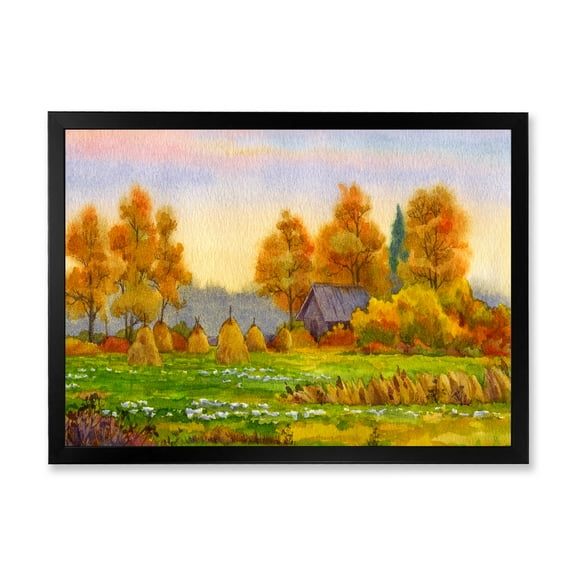 Designart 'Orange Fields With Haystacks I' Lake House Framed Art Print