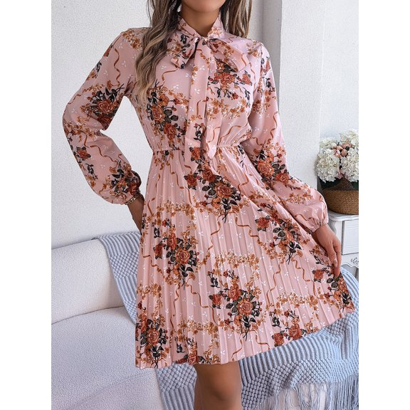 EASYBRAUS Women Floral Chiffon Pleated Midi Dress V Neck Long Sleeve Spring Summer Dress