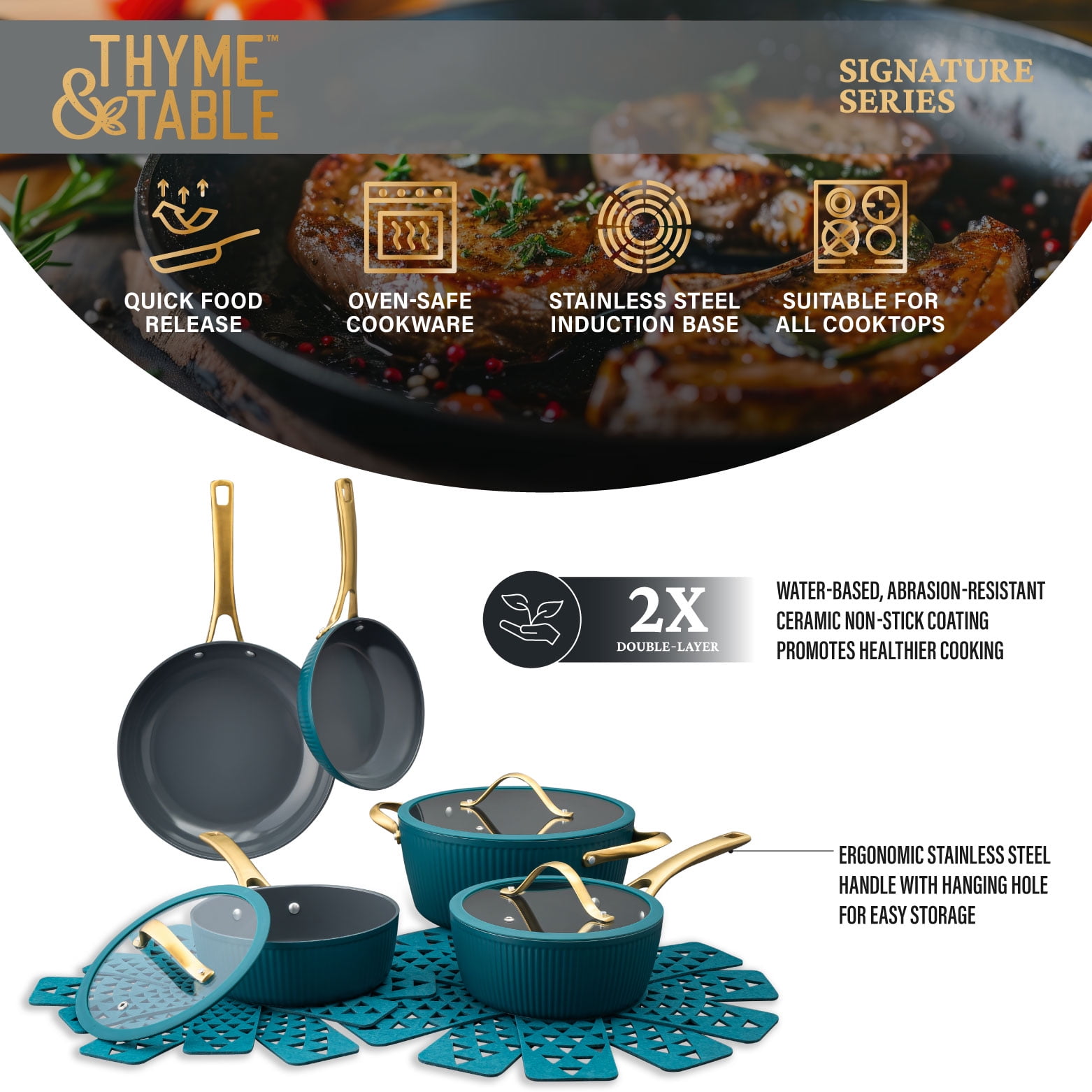 Thyme & Table 12-Piece Ceramic Non-Stick Signature Ribbed Cookware Set, Non-Toxic Pots and Pans Set - Peacock Blue