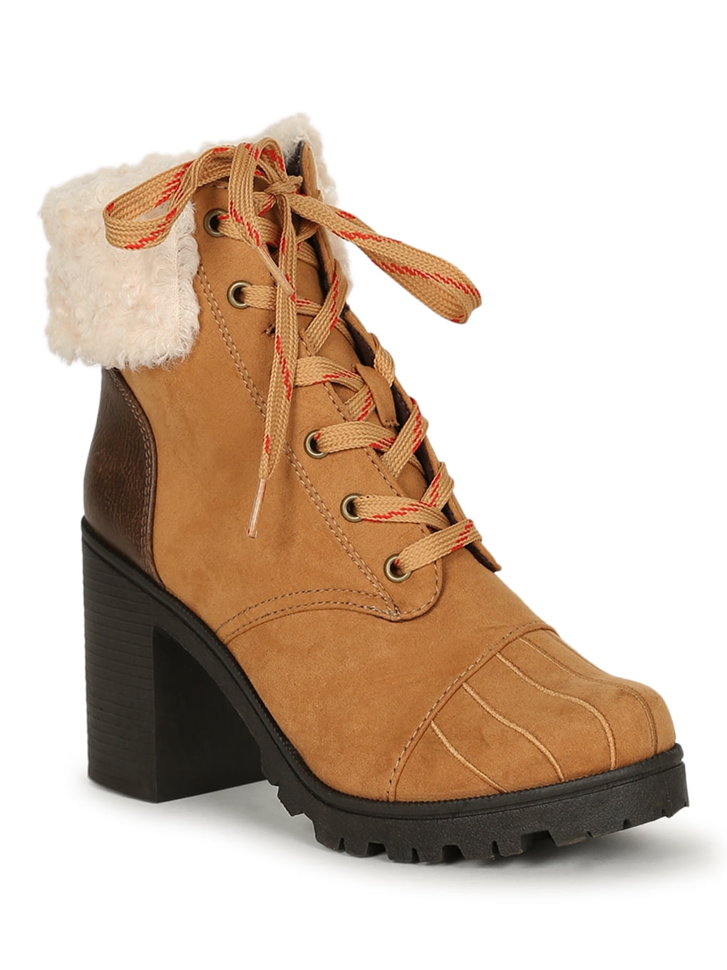 Qupid - Women Sherpa Cuffed Lace up Lug Stacked Ankle Boot 19579