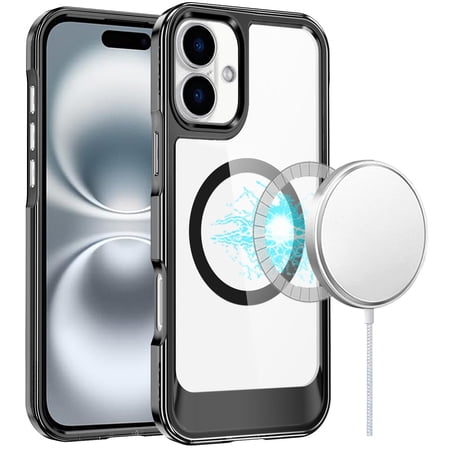 For iPhone 16 6.1 inch Thick Transparent HQ [Magnetic Circle] Case - Black