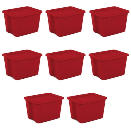 Sterilite Large Storage Bin, 18 Gallon Plastic Storage Container with Snap-On Lid, Red, Pack of 8