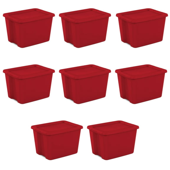 Sterilite Large Storage Bin, 18 Gallon Plastic Storage Container with Snap-On Lid, Red, Pack of 8