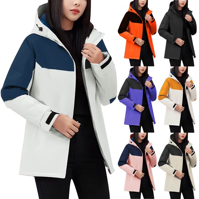 Sentmoon Light Jackets for Women Oversized Hooded Neck Long Sleeve Women Winter Coats Zipper Color Block Windproof Waterproof Women Fall Clothes with Pockets Fall and Winter Casual for Sports