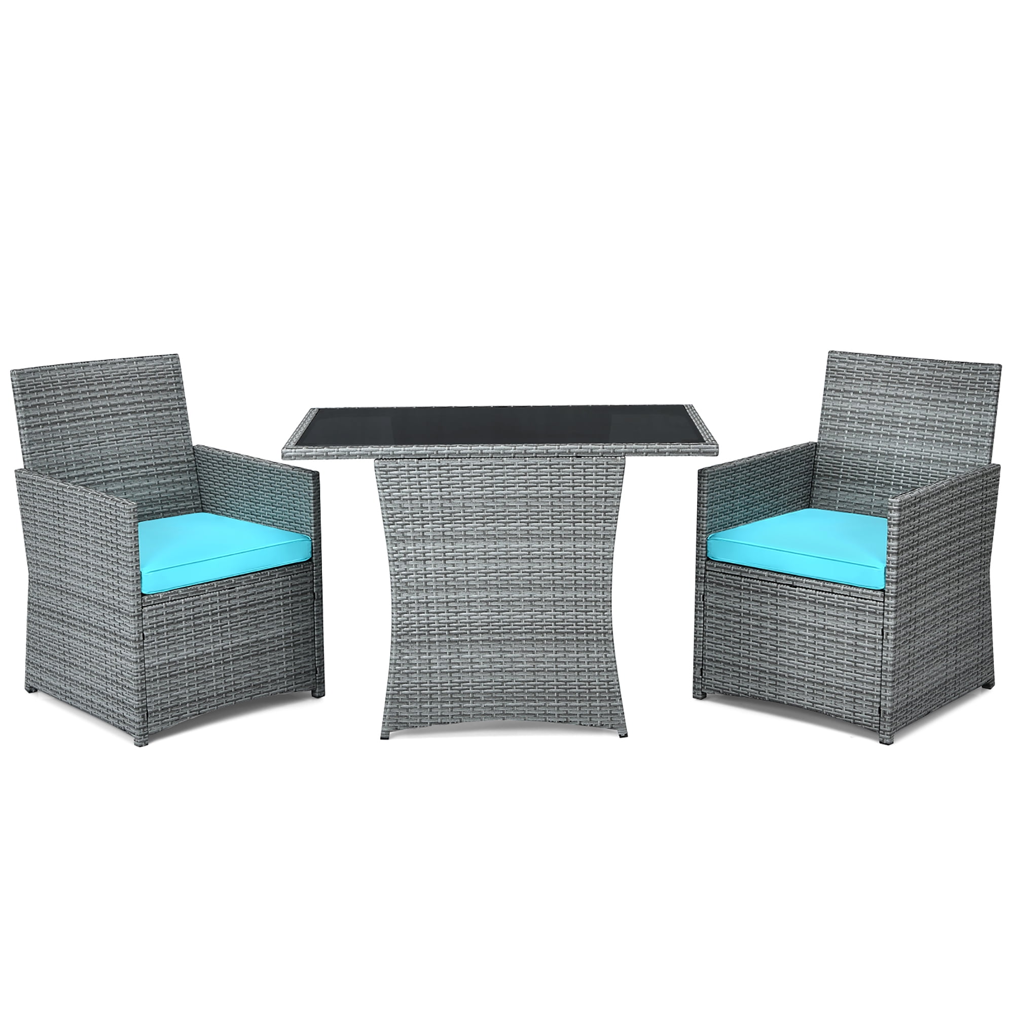 Costway 3PCS Patio Rattan Furniture Set Cushioned Sofa Armrest  Turquoise