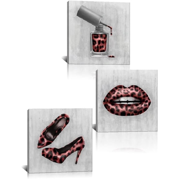 3 Pieces Red Leopard Prints Heels Nail Polish Lips Artwork Fashion Women Canvas Wall Art Salon Decoration Stretched and Framed Ready to Hang 12"x12"x3pcs