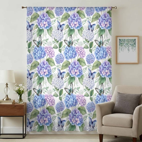 Purple Hydrangea Sheer Curtains 45 Inches Long, Spring Floral Elegant Pastoral Butterflies Light Filering Curtains, Breathable Simi Curtain Privacy Drapes for Kitchen Bathroom Small Window Treatment