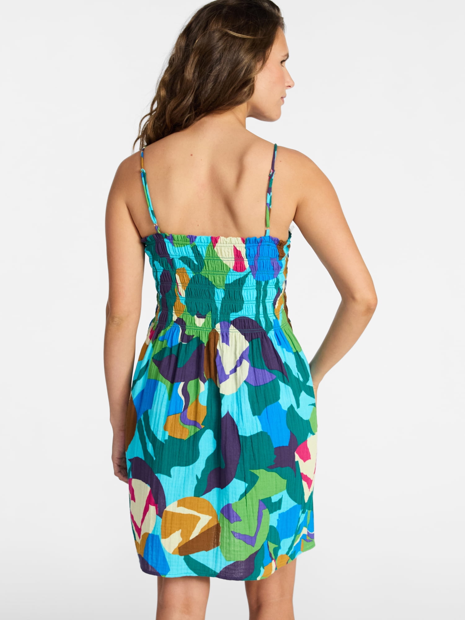 Time and Tru Women's and Women's Plus Smocked Cotton Mini Dress Coverup, Sizes XS-3X