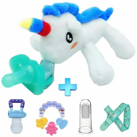 Infant Pacifier Baby Teether Unicorn- Pacifier Holder, Pacifier Fruit Feeder, Teething Ring, Pacifier Clip, Baby Toothbrush, Baby Gifts - 5 Pieces