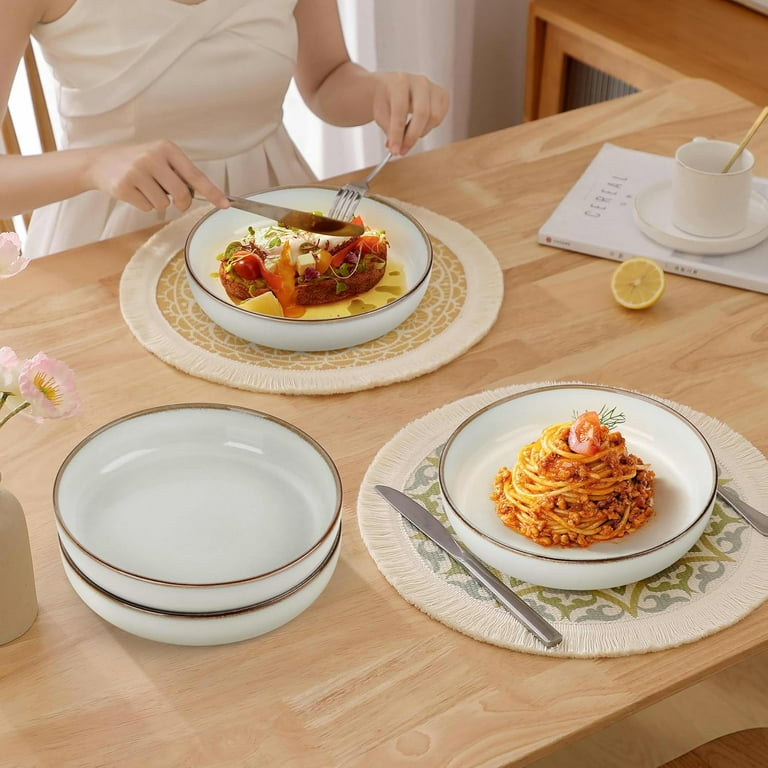 Stoneware Pasta Bowls Set of 4, 37 Ounce Large Wide Shallow Plates